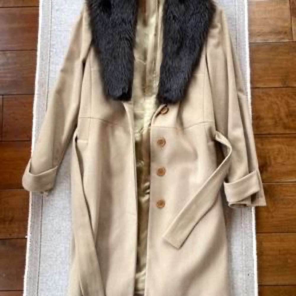 Benetton Wool Blend Winter Coat with Faux Fur Collar